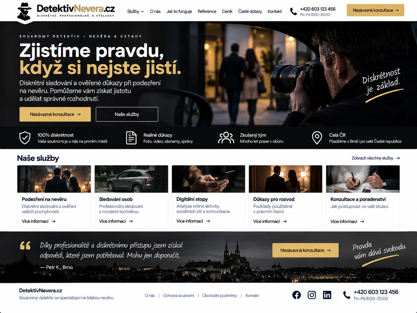 Ilustrační návrh možného webu DetektivNevera.cz zaměřeného na diskrétní detektivní služby při podezření na nevěru